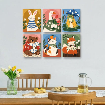 6 Mini-Gemälde | Gemütlicher Tierclub Set