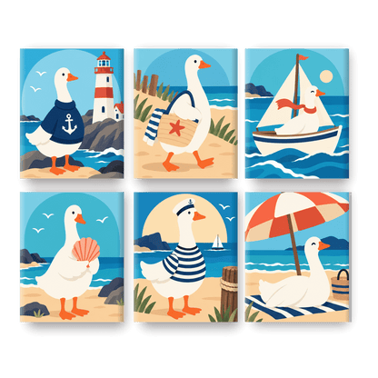 6 Mini-Gemälde | Nautische Gänse Set