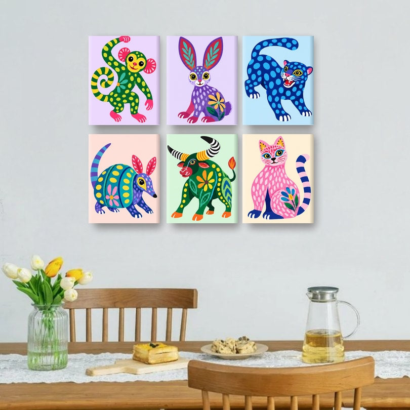 6 Mini-Gemälde | Fantasievolle Tierwelt Set