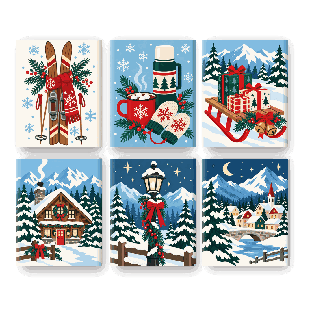 6 Mini-Gemälde | Nordische Skier Set