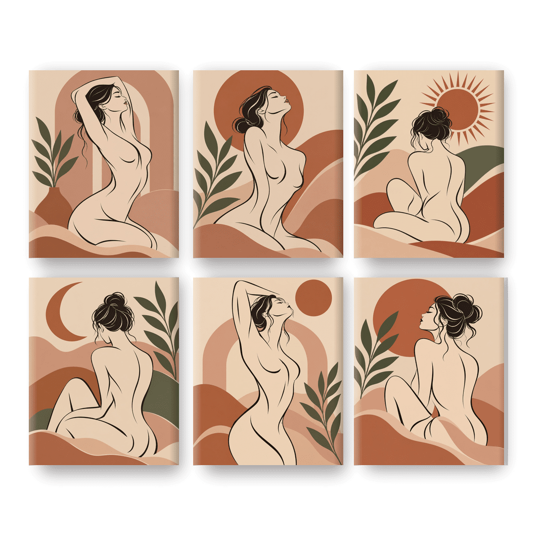 6 Mini-Gemälde | Boho-Linienkunst Set