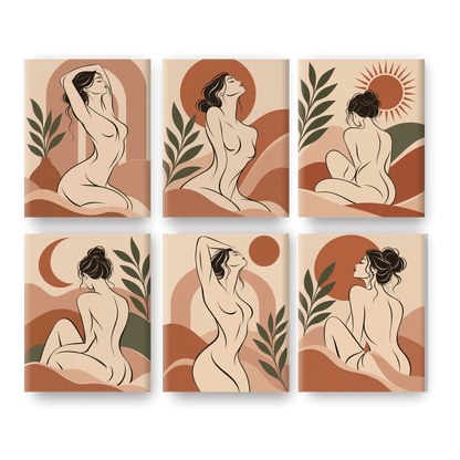 6 Mini-Gemälde | Boho-Linienkunst Set
