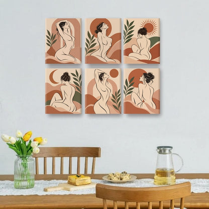6 Mini-Gemälde | Boho-Linienkunst Set
