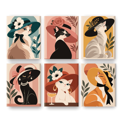 6 Mini-Gemälde | Dame mit Katzenhut Set