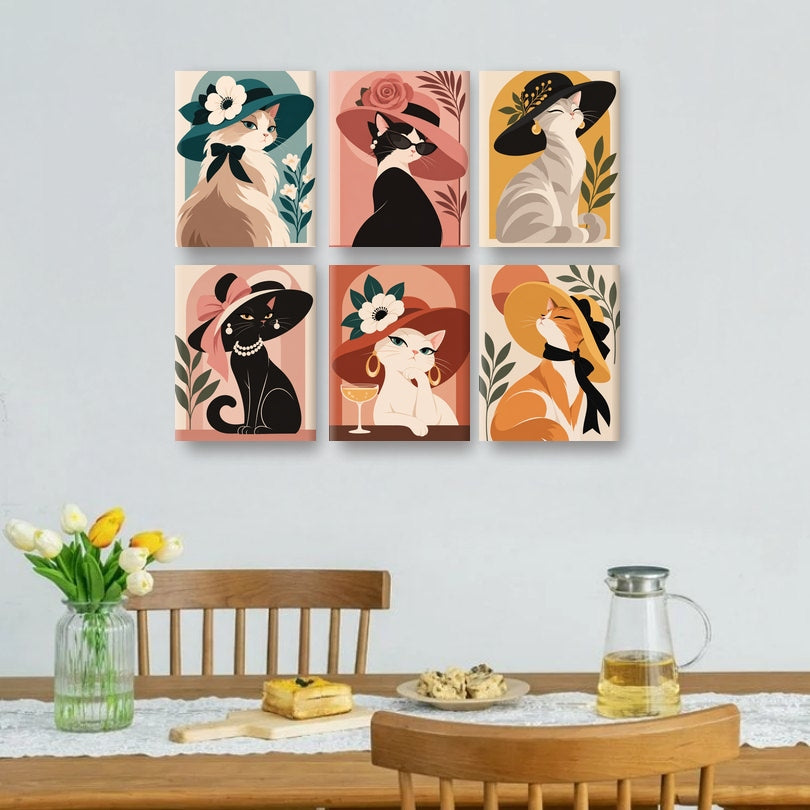 6 Mini-Gemälde | Dame mit Katzenhut Set
