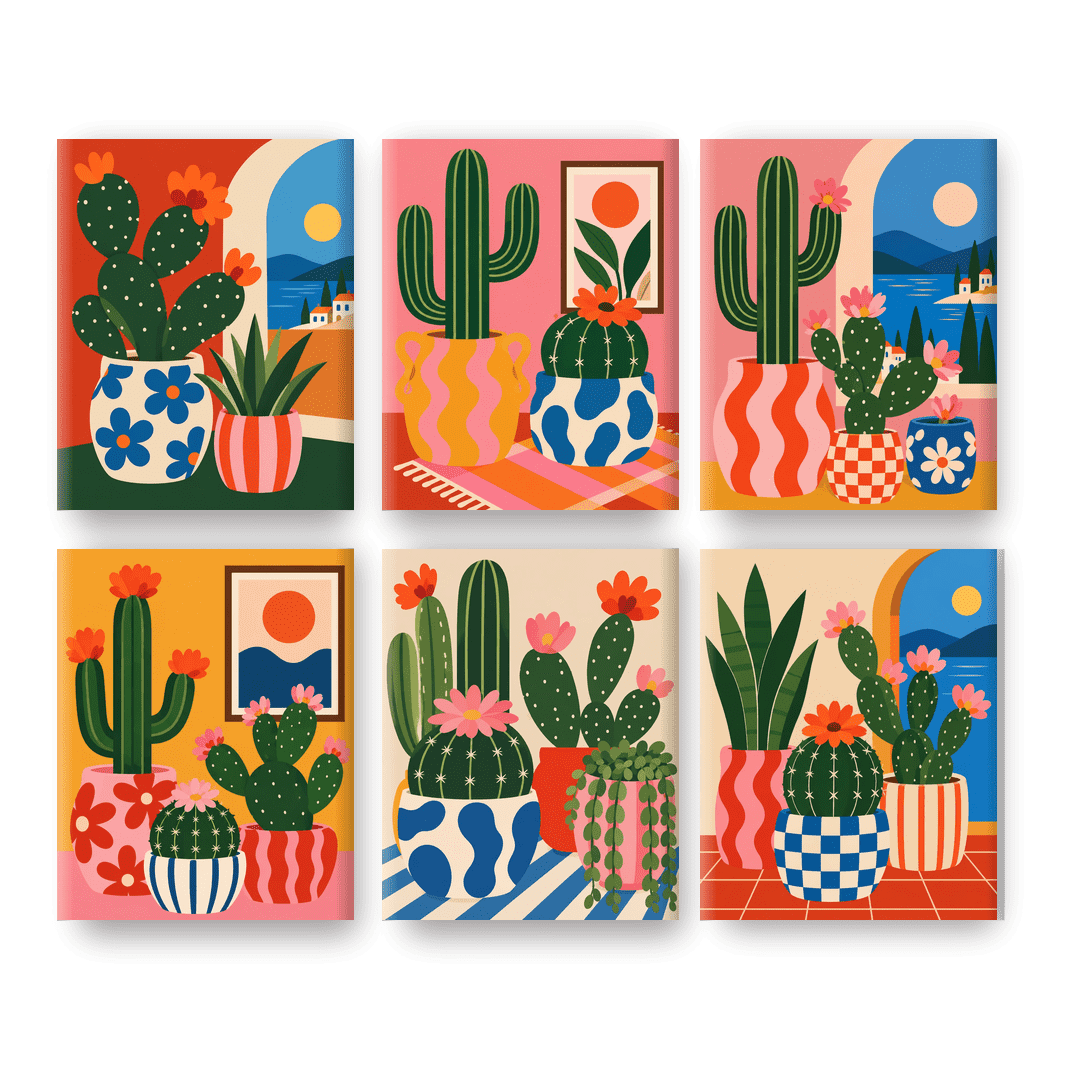 6 Mini-Gemälde | Mediterraner Kaktus Set