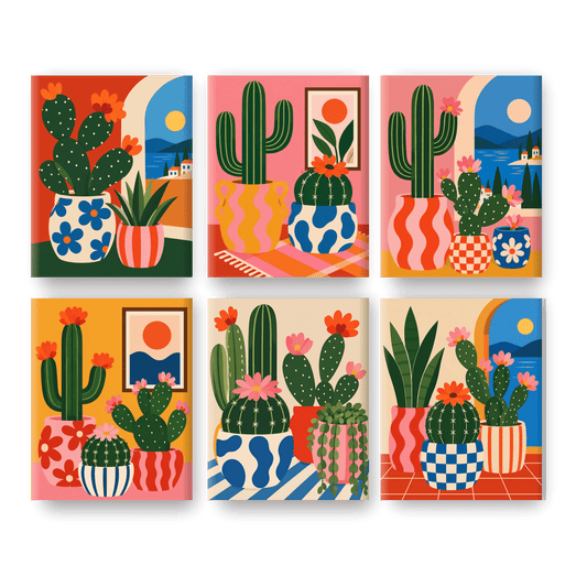 6 Mini-Gemälde | Mediterraner Kaktus Set