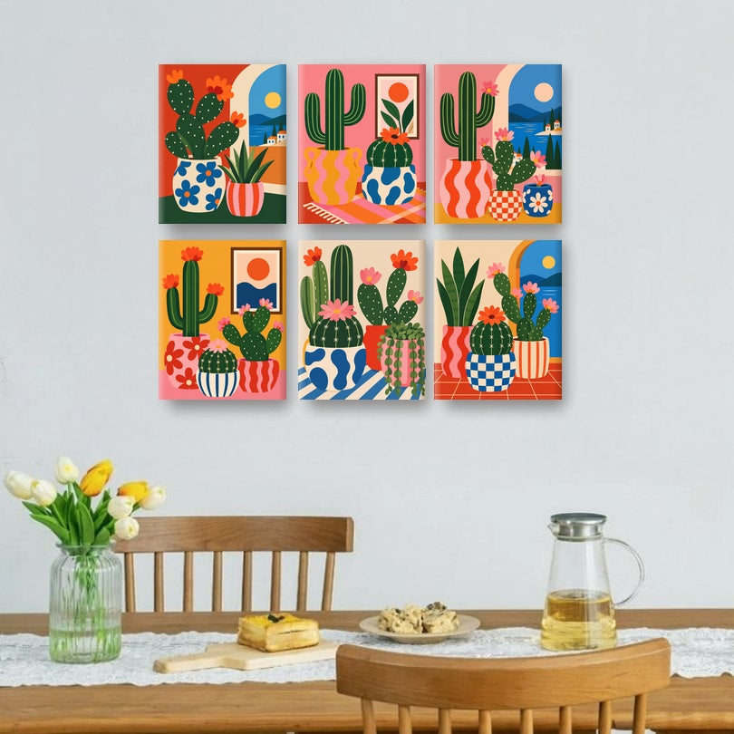 6 Mini-Gemälde | Mediterraner Kaktus Set