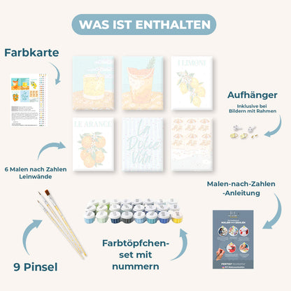 Malen nach Zahlen – 6 Mini-Gemälde | Zitrus & Meer Set
