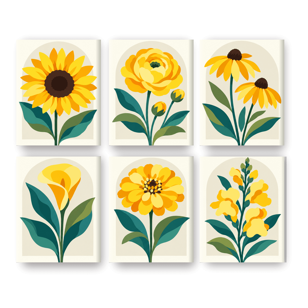 6 Mini-Gemälde | Goldene Wildblumen Set