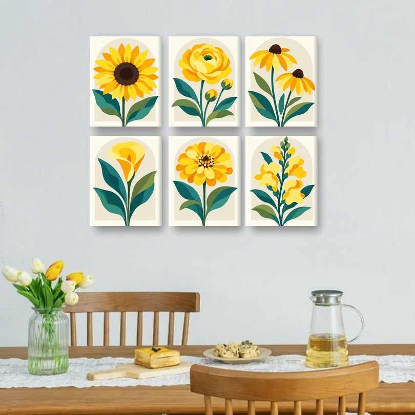 6 Mini-Gemälde | Goldene Wildblumen Set