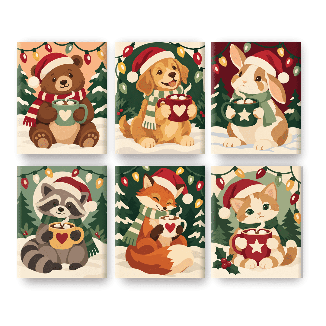 6 Mini-Gemälde | Weihnachts-Waschbär Set