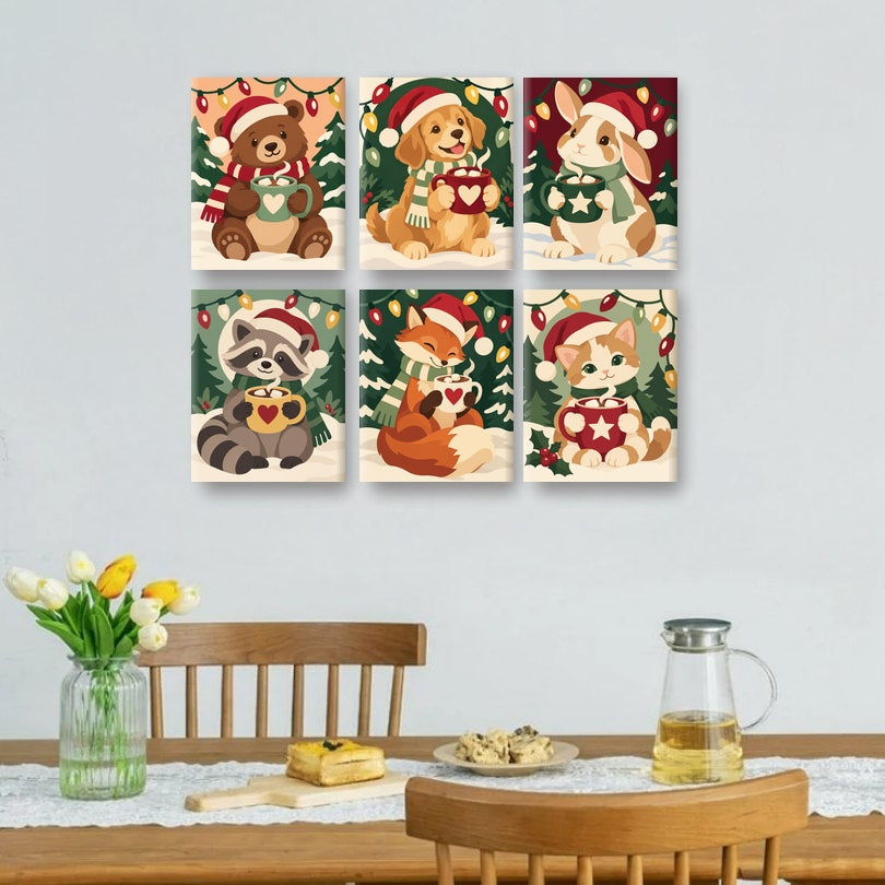6 Mini-Gemälde | Weihnachts-Waschbär Set