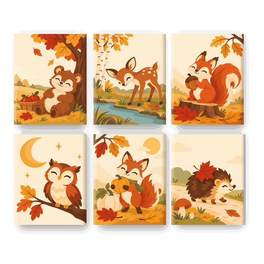 6 Mini-Gemälde | Herbstliches Bärennickerchen Set