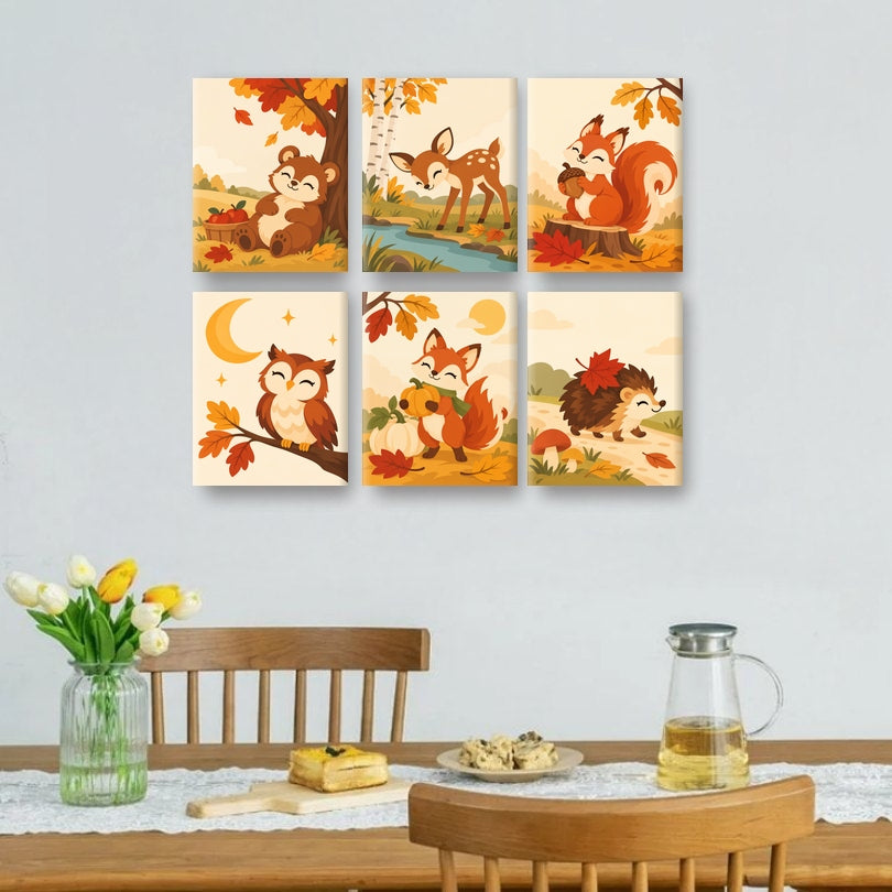 6 Mini-Gemälde | Herbstliches Bärennickerchen Set