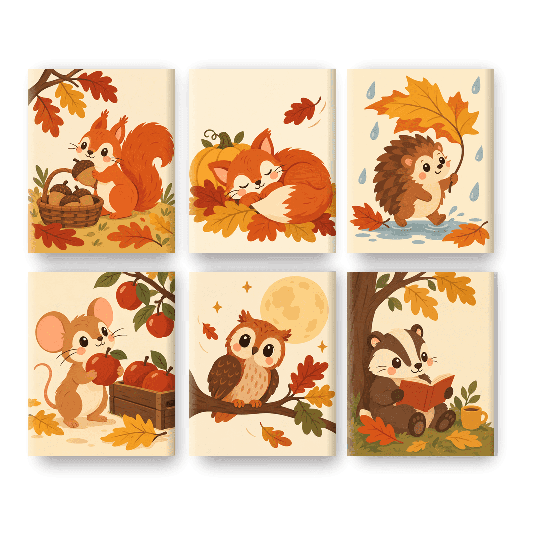 6 Mini-Gemälde | Herbst-Eichhörnchen Set
