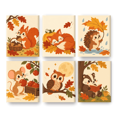 6 Mini-Gemälde | Herbst-Eichhörnchen Set