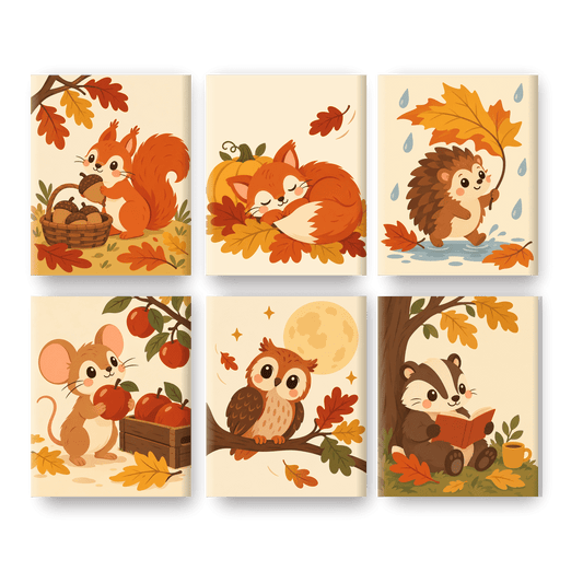 6 Mini-Gemälde | Herbst-Eichhörnchen Set