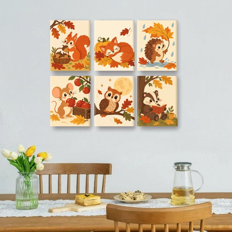 6 Mini-Gemälde | Herbst-Eichhörnchen Set