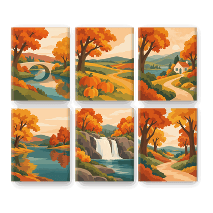 6 Mini-Gemälde | Herbstliche Flussbrücke Set