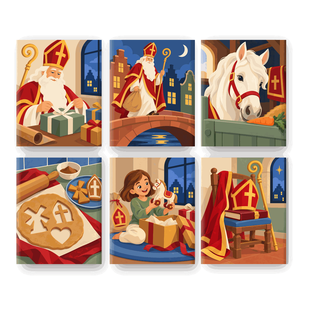 6 Mini-Gemälde | Nikolaus packt Geschenke Set