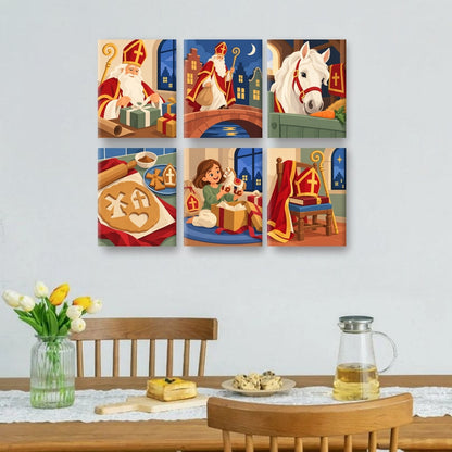 6 Mini-Gemälde | Nikolaus packt Geschenke Set