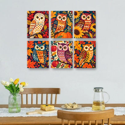 6 Mini-Gemälde | Herbst-Eulen Set