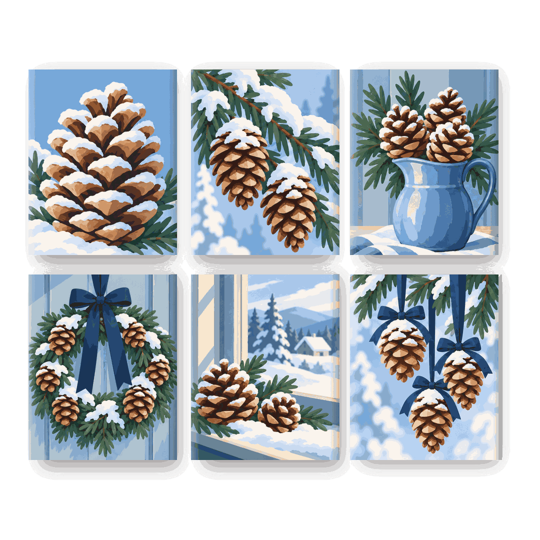 6 Mini-Gemälde | Bereifte Tannenzapfen Set