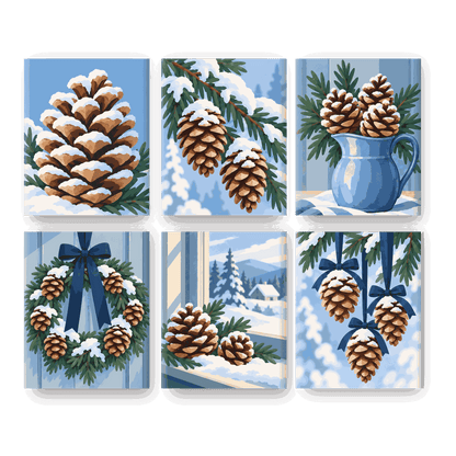 6 Mini-Gemälde | Bereifte Tannenzapfen Set