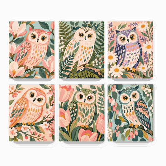 6 Mini-Gemälde | Garten-Eulen Set