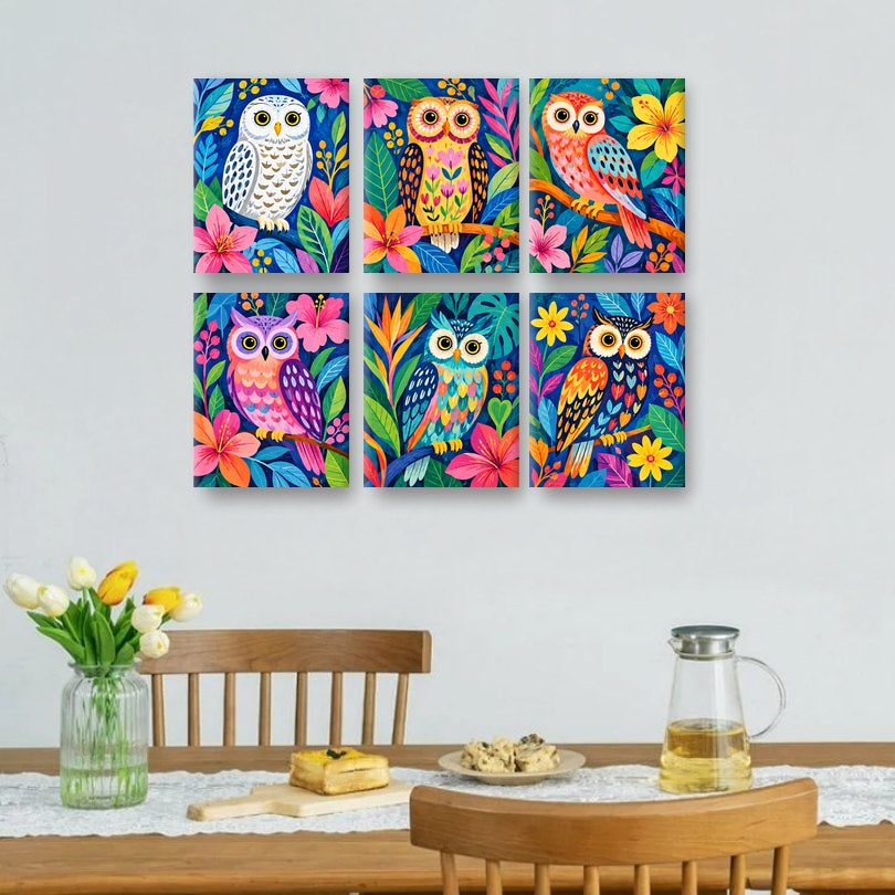 6 Mini-Gemälde | Juwelen-Eulen Set