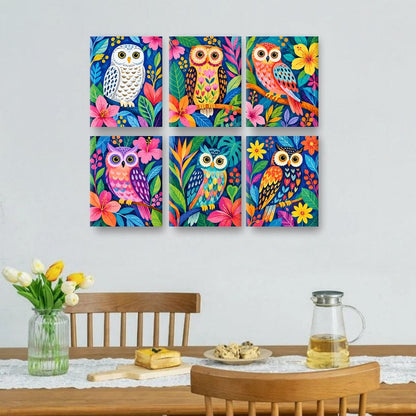 6 Mini-Gemälde | Juwelen-Eulen Set