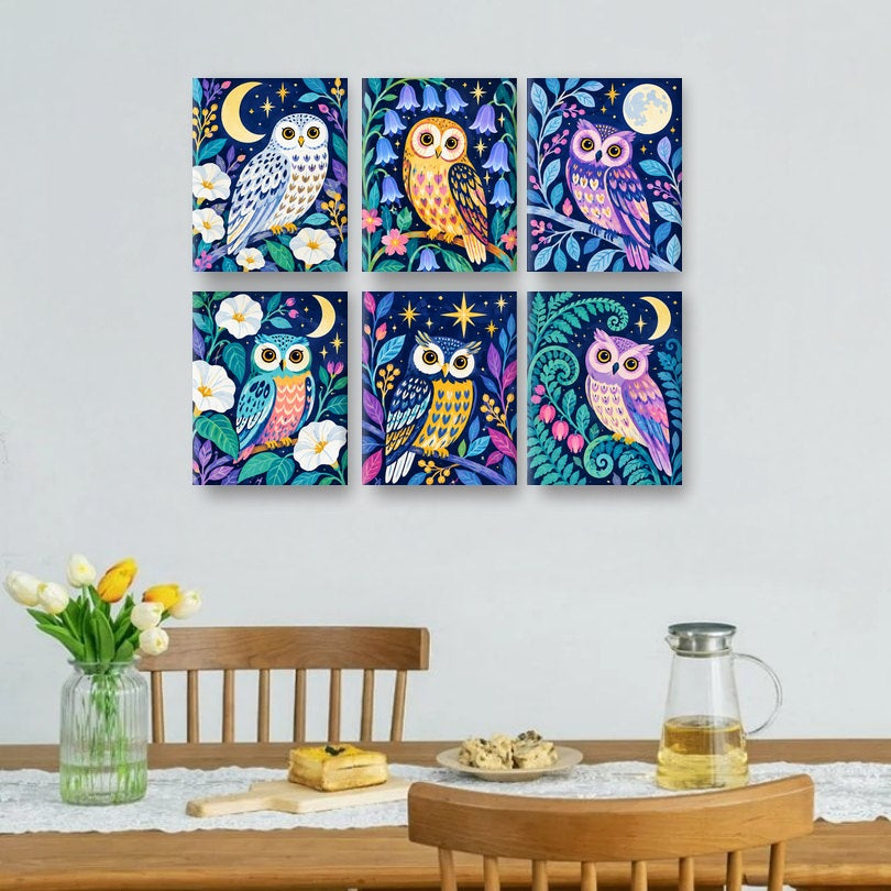 6 Mini-Gemälde | Eulen im Mondscheingarten Set
