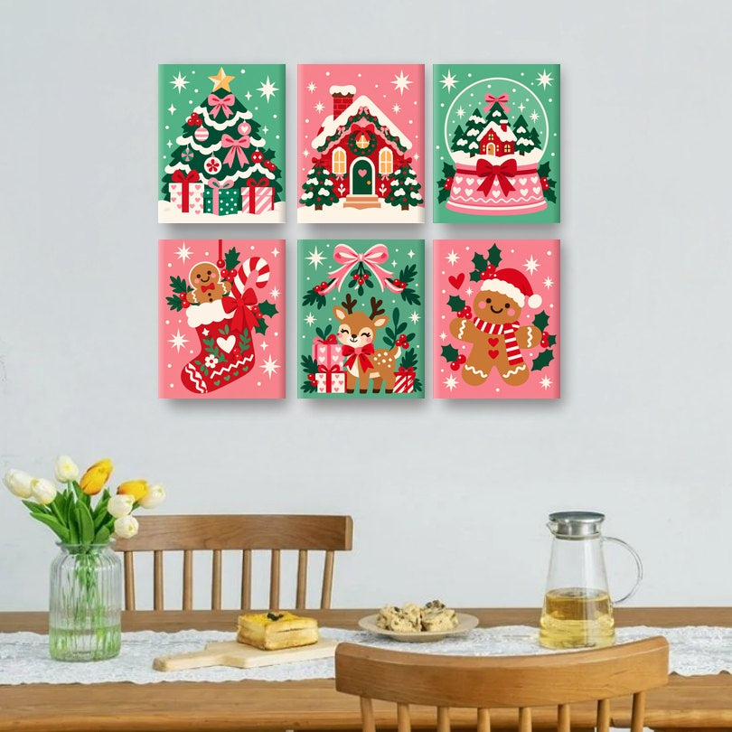 6 Mini-Gemälde | Retro-Weihnachtsbaum Set