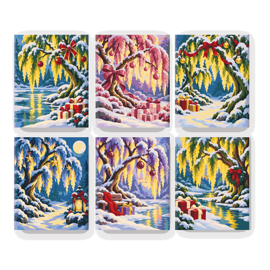 6 Mini-Gemälde | Weihnachtlicher Weidensee Set