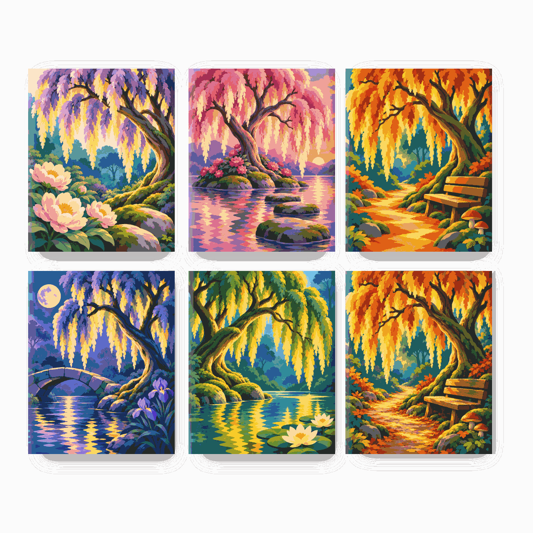 6 Mini-Gemälde | Leuchtende Weide am Herbstteich Set