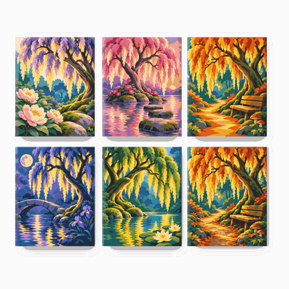 6 Mini-Gemälde | Leuchtende Weide am Herbstteich Set