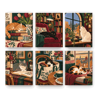 6 Mini-Gemälde | Belesene Katzen Set