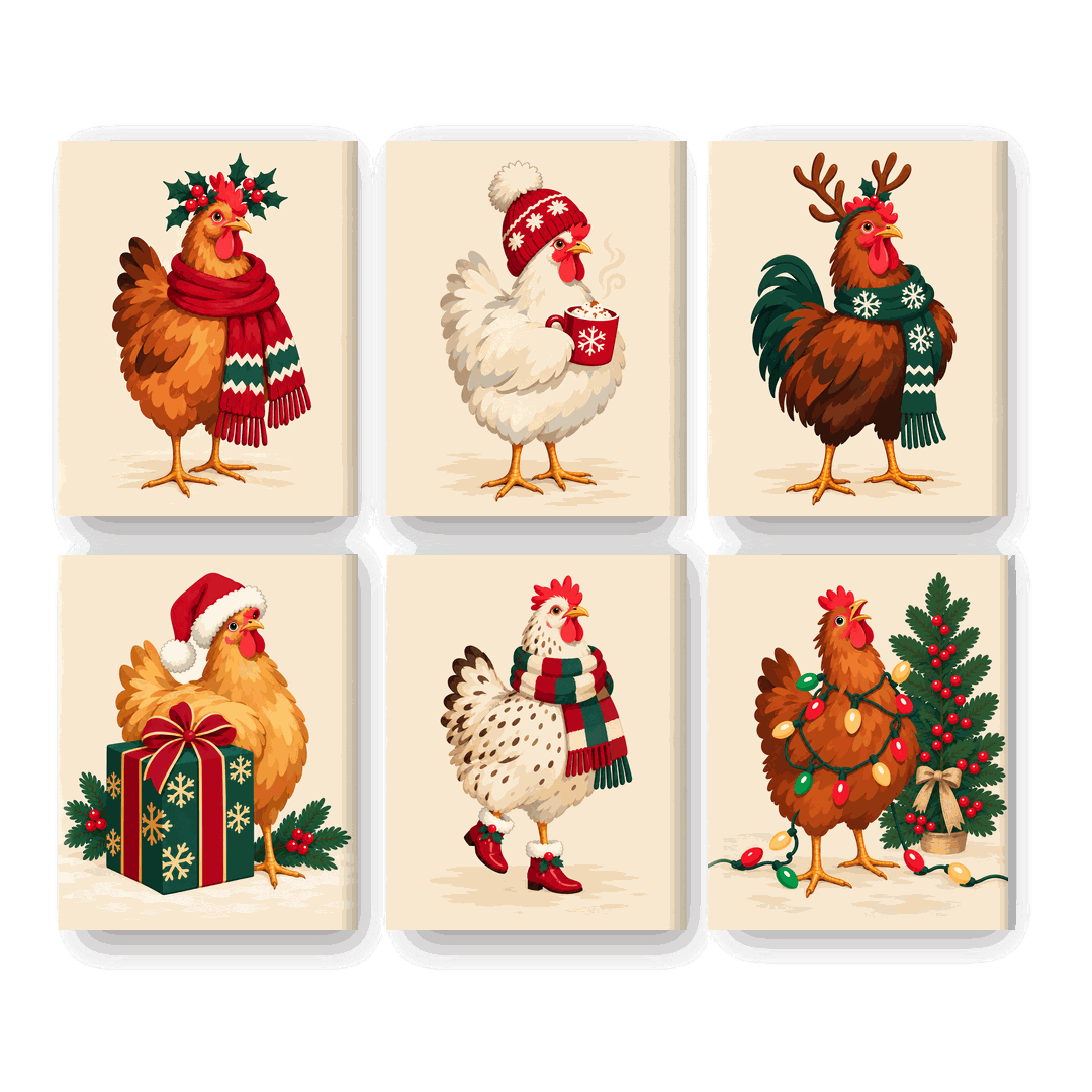 6 Mini-Gemälde | Weihnachtlicher Hühnerstall Set