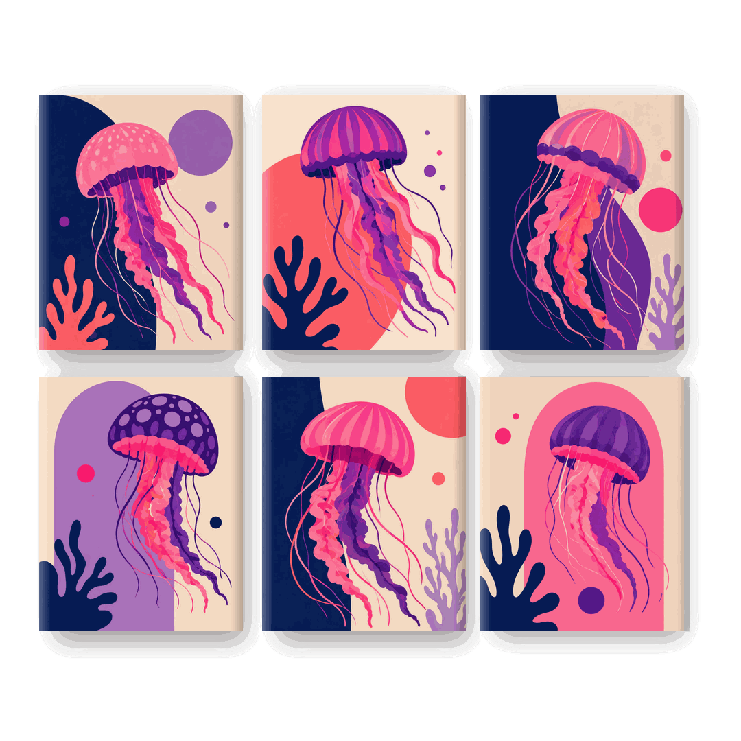 6 Mini-Gemälde | Neon-Qualle Set - Malen nach Zahlen