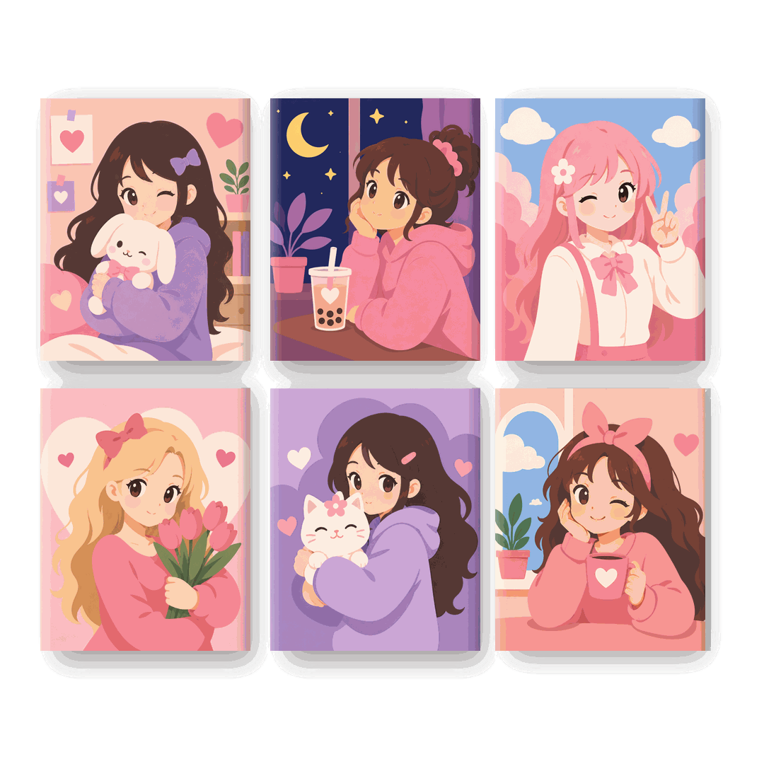 6 Mini-Gemälde | Kawaii Mädchen Set - Malen nach Zahlen