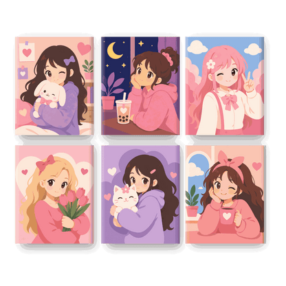 6 Mini-Gemälde | Kawaii Mädchen Set - Malen nach Zahlen