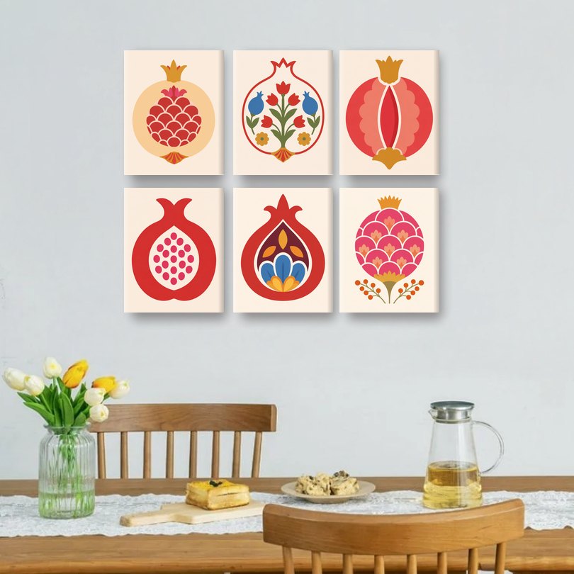 6 Mini-Gemälde | Königliche Granatäpfel Set