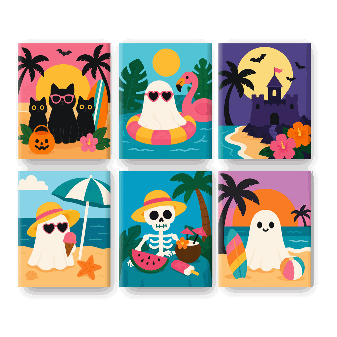 6 Mini-Gemälde | Gruseliges Summerween Set - Malen nach Zahlen