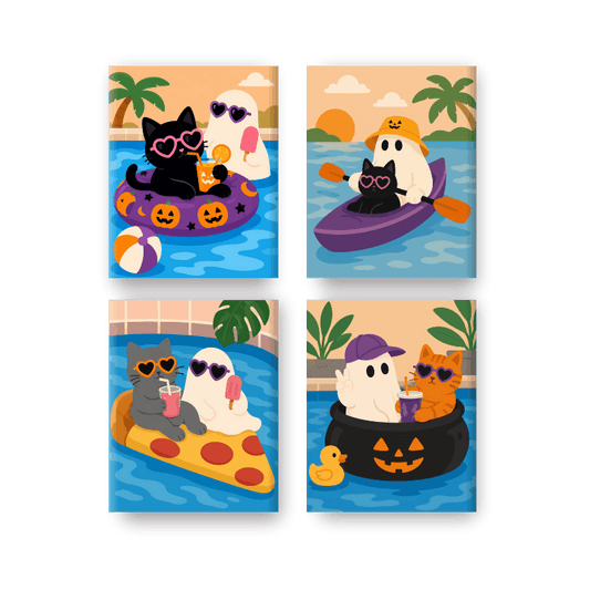4 Mini-Gemälde | Gruseliger Pool Set - Malen nach Zahlen
