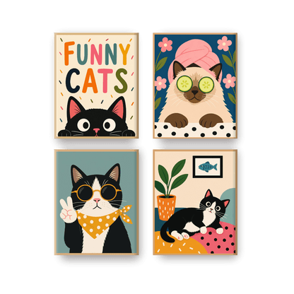 4 Mini-Gemälde | Comedy-Katzen Set - Malen nach Zahlen
