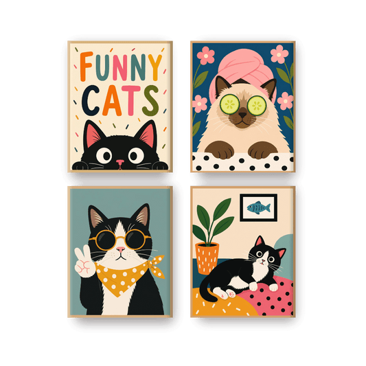 4 Mini-Gemälde | Comedy-Katzen Set - Malen nach Zahlen