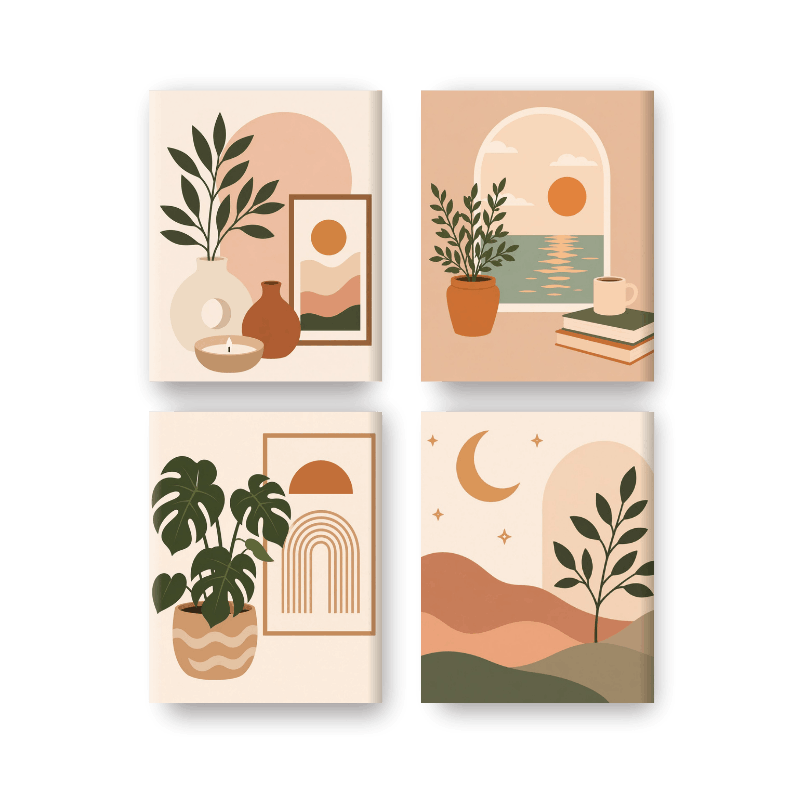 4 Mini-Gemälde | Boho Zuhause Set - Malen nach Zahlen