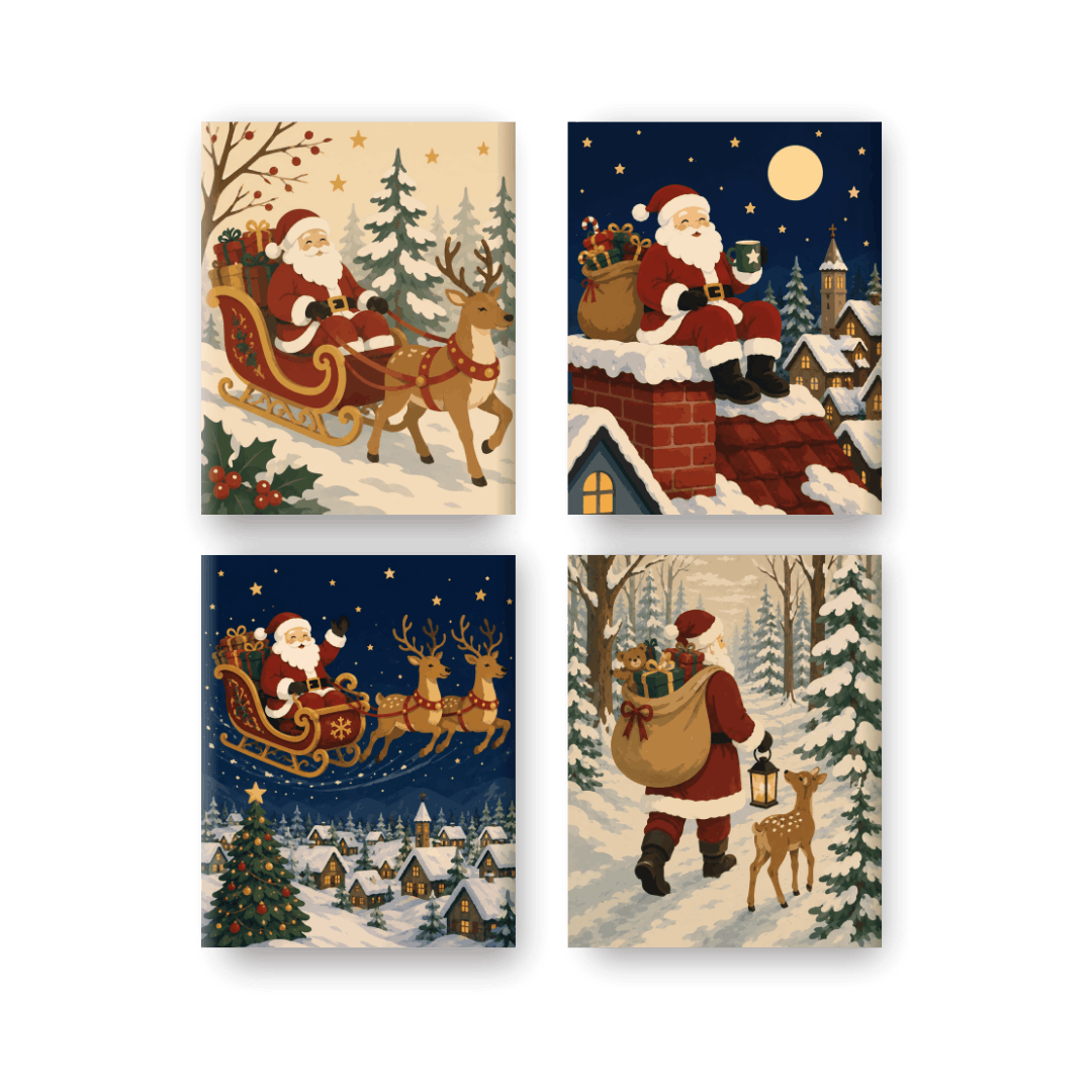 4 Mini-Gemälde | Die Reise des Weihnachtsmanns Set - Malen nach Zahlen