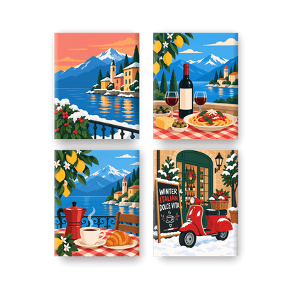 4 Mini-Gemälde | Winterliche italienische Seen Set